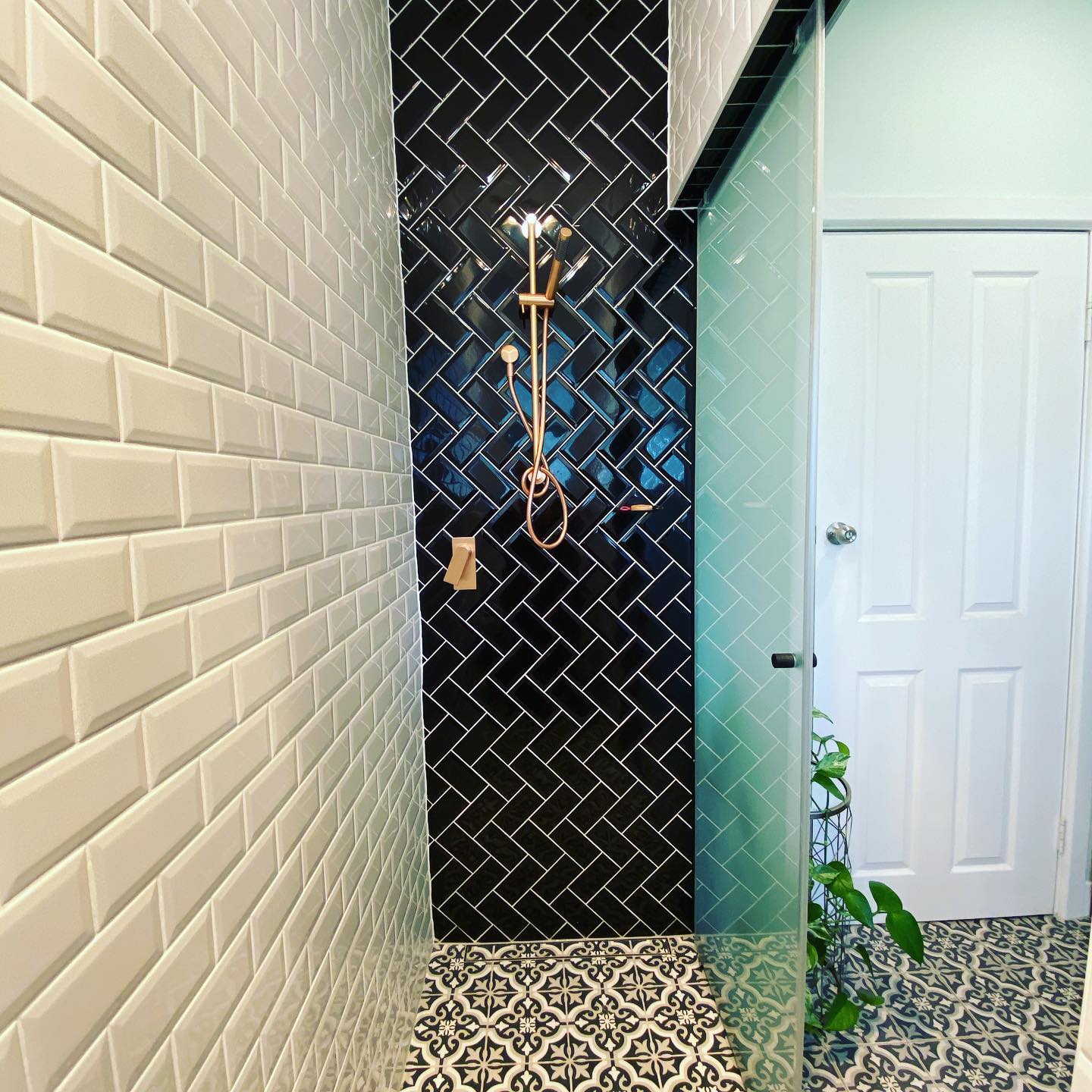 Black Herringbone Feature Wall Bathroom