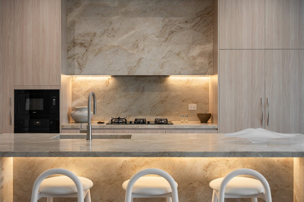 Chatswood Luxury Kitchen — Stone and lighting detail