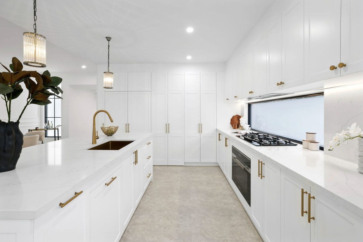 Hamptons style kitchen renovation with gold tapware, Sydney